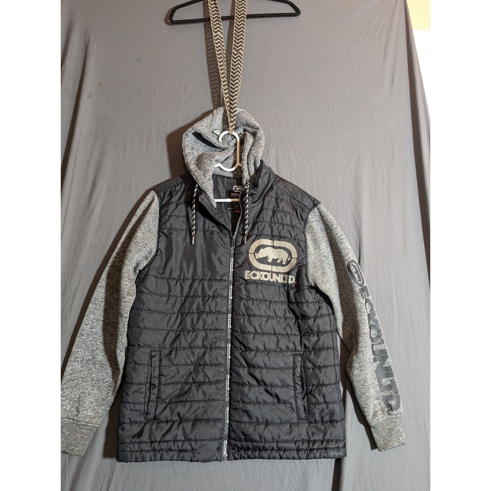 Ecko‎ Unltd Mens Puffer Jacket Hoodie Black Gray Logo Size M